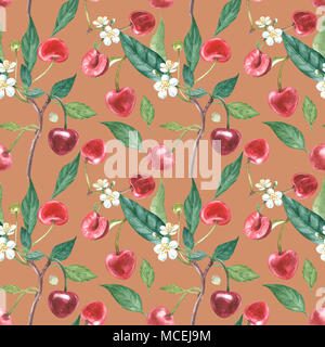 Disegnate a mano acquerello ghirlanda di fiori di ciliegio e foglie illustrazione. Acquerello illustrazione botanica seamless pattern. Foto Stock