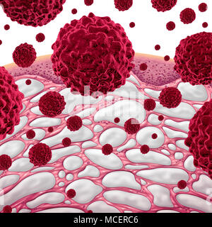 Interstizio e concetto di cancro come tessuto connettivo con comparments riempita con il fluido come una microscopica concettuale di parte di corpo umano con cel maligni Foto Stock