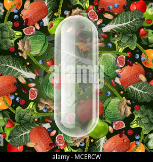 Supplemento pillola alimentari naturali e capsula di vitamina come alternativa alla nutrizione remedy come una dieta supplementare tablet con 3D'illustrazione degli elementi. Foto Stock