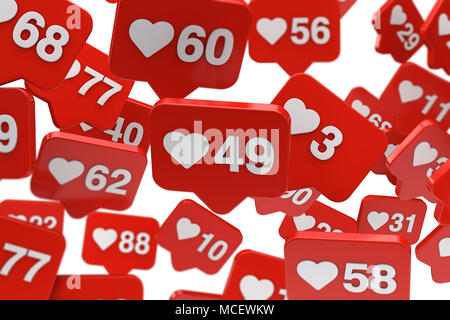 Social media come i contatori di notifica su uno sfondo bianco. Il rendering 3D Foto Stock