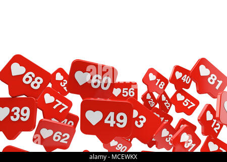 Social media come i contatori di notifica su uno sfondo bianco. Il rendering 3D Foto Stock