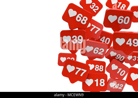 Social media come i contatori di notifica su uno sfondo bianco. Il rendering 3D Foto Stock