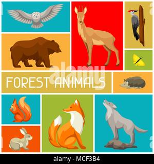 Sfondo con bosco gli animali del bosco e gli uccelli. Illustrazione stilizzata Illustrazione Vettoriale