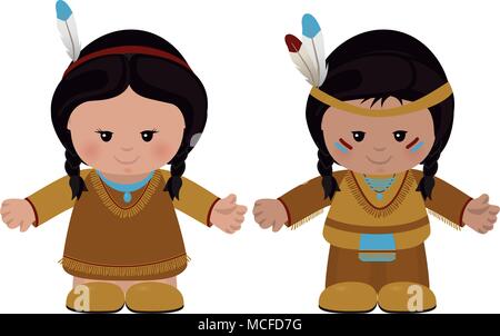 I personaggi dei cartoni animati di indiani americani, l uomo e la donna in costume nazionale. Illustrazione Vettoriale Illustrazione Vettoriale