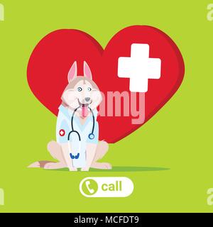 Medico del cane che indossa mantello bianco e tenendo premuto uno stetoscopio sulla forma di cuore su Vet clinica piatto Logo illustrazione vettoriale Illustrazione Vettoriale