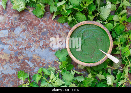 Foraged wild cibo. Ciotola di zuppa di ortica e sensazioni puntorie ortiche su un sfondo di ardesia. Regno Unito Foto Stock