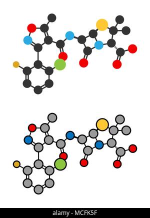 Flucloxacillina (floxacillin) farmaci antibiotici molecola. Stilizzata 2D rendering. Illustrazione Vettoriale