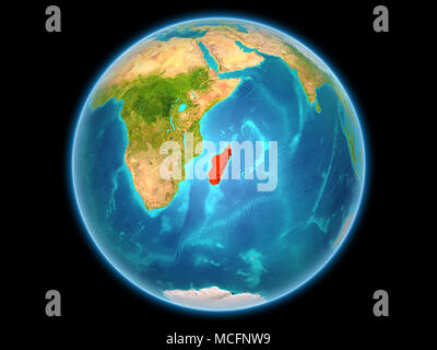 Madagascar in rosso sul pianeta Terra come visto dallo spazio sulla sfera completa. 3D'illustrazione. Gli elementi di questa immagine fornita dalla NASA. Foto Stock