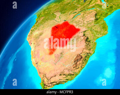 Vista orbita del Botswana evidenziata in rosso sul pianeta Terra. 3D'illustrazione. Gli elementi di questa immagine fornita dalla NASA. Foto Stock