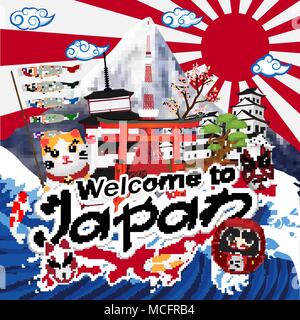 Benvenuti in Giappone con il Giappone oggetto sun onda bandiera Illustrazione Vettoriale