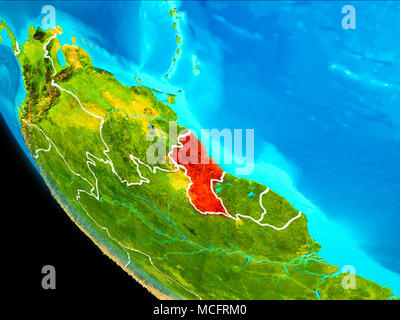 Guyana evidenziata in rosso sul pianeta Terra con confini visibili. 3D'illustrazione. Gli elementi di questa immagine fornita dalla NASA. Foto Stock