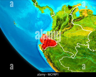 Ecuador evidenziata in rosso sul pianeta Terra con confini visibili. 3D'illustrazione. Gli elementi di questa immagine fornita dalla NASA. Foto Stock