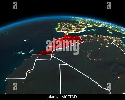 Spazio vista orbita del Marocco evidenziata in rosso sul pianeta terra di notte con visibili i confini e le luci della città. 3D'illustrazione. Elementi di thi Foto Stock