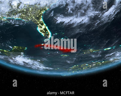 Cuba di notte evidenziata in rosso sul pianeta Terra con le nuvole. 3D'illustrazione. Gli elementi di questa immagine fornita dalla NASA. Foto Stock