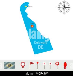 Delaware mappa vettore isolato su sfondo bianco. Alta Silhouette dettagliata dello stato del Delaware. Vettore di bandiera Delaware. 3D i marcatori mappa o puntatori, Nav Illustrazione Vettoriale