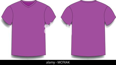 Viola uomo t-shirt modello scollo a V anteriore e posteriore vista laterale. Il vettore dei maschi di t-shirt indossando illustrazione isolati su sfondo bianco. Illustrazione Vettoriale