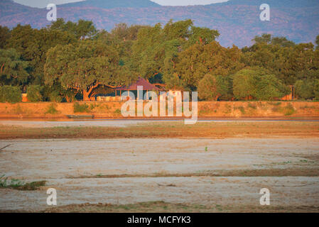 Bella luce dorata che brilla sulla KAPAMBA bush camp, ZAMBIA Foto Stock