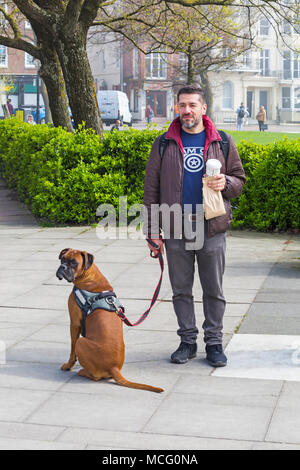 Uomo con cane boxer a Brighton, East Sussex, England Regno Unito nel mese di aprile Foto Stock