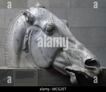 Testa di cavallo dal carro di Selene. Frontone orientale. Il marmo. C. 447-438 A.C. Supervisione di Fidia e dei suoi assistenti. Il Partenone dell'Acropoli di Atene, Grecia. British Museum. Londra, Regno Unito. Foto Stock