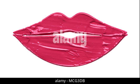 Trucco rosa cospargere di lip gloss isolati su sfondo bianco. Rossetto rosa texture in forma di labbra isolato su sfondo bianco Foto Stock