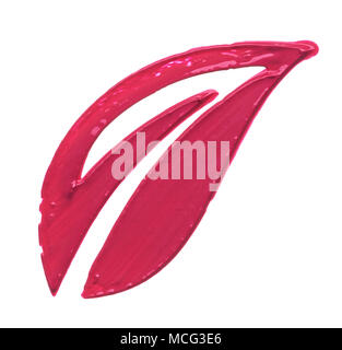 Trucco rosa cospargere di lip gloss isolati su sfondo bianco. Rossetto rosa texture in forma di foglia isolati su sfondo bianco Foto Stock