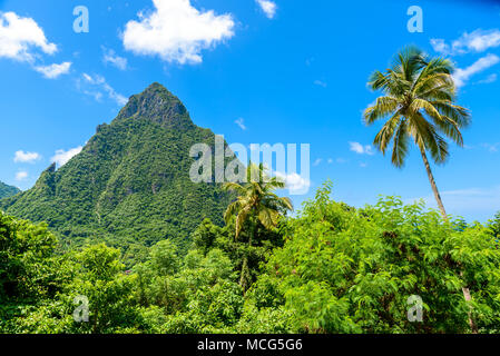 Gros e Petit Pitons vicino villaggio Soufriere sull isola dei Caraibi St Lucia - tropical e paradisiaco paesaggio paesaggio su Saint Lucia Foto Stock