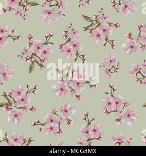 Mazzi di fiori rosa su sfondo giallo. Albero da frutta floreale modello senza giunture per lo sfondo, stampa e tessile. Acquarello dipinto a mano botanico. Foto Stock