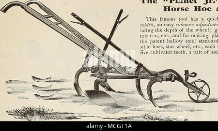 . Il "Pianeta Jr." n. 6 Cavallo combinato la zappa e coltivatore. Questo famoso strumento ha una rapida e potente leva per la regolazione della larghezza, una facile regolazione laterale delle maniglie e una leva per la rego- relativa la profondità della ruota; grand tra uva, luppolo, pole fagioli, tabacco, ecc., e per la produzione di piante e sementi creste. Inoltre esso ha il brevetto cavo standard in acciaio, parallelo del telaio rigido, cerniere,- rever sibile le zappe, ruota a stella, ecc., ogni prezioso nel suo posto. Ogni strumento ha cinque denti in un coltivatore, una coppia di pattini laterali e la nuova pala. Prezzo, $9.00. Siamo in grado di fornire una grande varietà di att Foto Stock