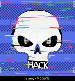 Glitch hacker cranio con hack denti di testo Illustrazione Vettoriale