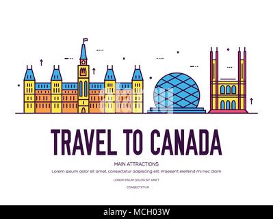 Paese Canada travel vacation di luogo e di funzione. Set di architettura, la voce della natura il concetto di sfondo. Una infografica tradizionali piatti etnici, contorno, thin line icona Illustrazione Vettoriale