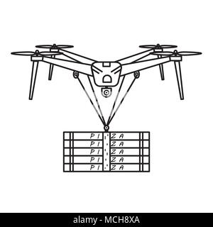 Immagine vettoriale in linea stile arte del concetto di consegna con fuchi. Drone offrono pacchetti con la pizza. Foto Stock