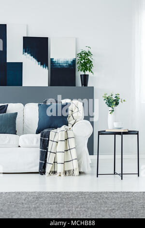 Due in bianco e nero di coperte posto su di un lettino con cuscini in piedi in salotto luminoso interno con piante verdi e dipinti di arte moderna Foto Stock
