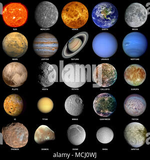 Tutti i pianeti che compongono il sistema solare con il sole e le lune di spicco incluso. Gli elementi di questa immagine sono arredate dalla NASA. Foto Stock