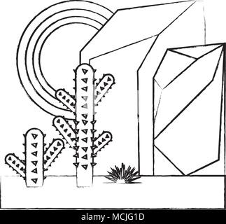 Disegno astratto del paesaggio desertico con montagne rocciose e icona di cactus su sfondo bianco, illustrazione vettoriale Illustrazione Vettoriale