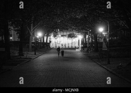 Vista posteriore delle donne a camminare sulla strada illuminata di notte, Toronto, Canada Foto Stock