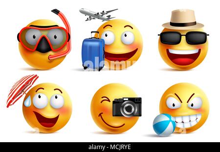 Vettore di smileys impostato con estate e abiti da viaggio. Smiley emoticon con le espressioni del viso e la spiaggia di elementi per le vacanze estive e vacanze Illustrazione Vettoriale
