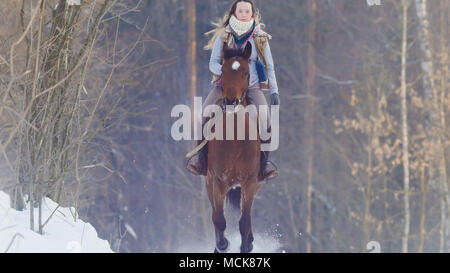 Giovane donna al galoppo sulla snowly all'esterno sul cavallo rosso - teleobiettivo shot Foto Stock