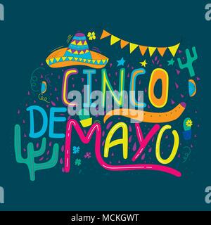 Banner o carta per il Cinco de Mayo celebrazione. Holiday poster con disegnati a mano calligraphy lettering, sombrero, cactus, peperoncino, tequila e maracas. Vec Illustrazione Vettoriale