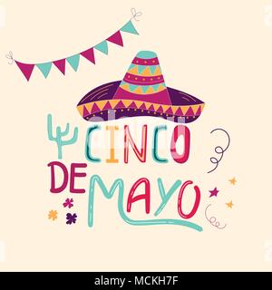 Banner o carta per il Cinco de Mayo celebrazione. Holiday poster con disegnati a mano calligraphy lettering, sombrero, cactus. Vettore fiesta messicana. Illustrazione Vettoriale