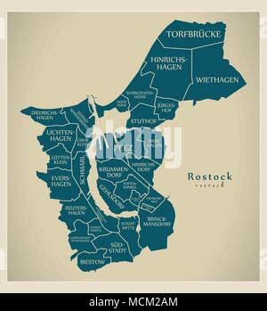 Città moderna mappa - Rostock città della Germania con comuni e titoli DE Illustrazione Vettoriale
