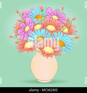 . Bouquet di fiori di cartoon nel vaso, vettore disegnati a mano. Prato colorato gemme multicolori e camomilla fiori di colore rosa in vaso beige isolati su pa Illustrazione Vettoriale