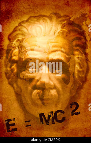 Faccia di Albert Einstein con la mappa del mondo e la formula di per la matematica, grunge stile. Foto Stock