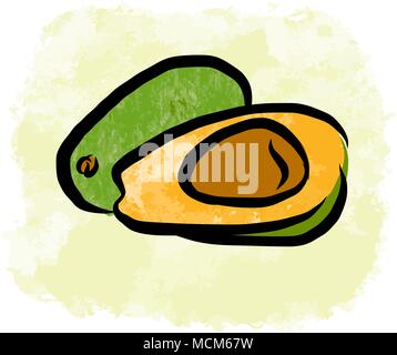 Disegno colorato di avocadi. Un design fresco di frutti colorati realizzati in stile acquarello. Marketing moderno illustrazione su sfondo bianco. Illustrazione Vettoriale