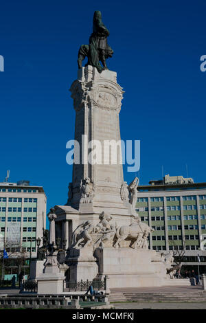 Lisbona. Il Portogallo. Il 28 gennaio 2018. Il Marchese di Pombal (Praca do Marques de Pombal). Monumento a Sebastiao Jose de Carvalho e Melo Foto Stock