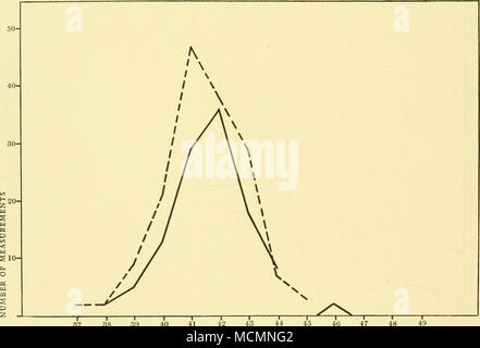 . T 1 1 1 r 37 38 39 40 41 valore percentuale di misura Fig. 79. Le balenottere comuni. Variazioni di misura n. 6. Punta del muso a punta della pinna. I maschi. Femmine. Foto Stock