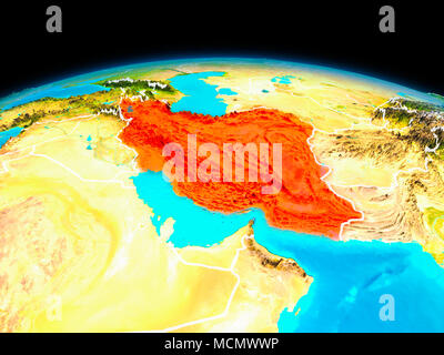 Vista satellitare di Iran evidenziata in rosso sul pianeta Terra con linee di demarcazione. 3D'illustrazione. Gli elementi di questa immagine fornita dalla NASA. Foto Stock