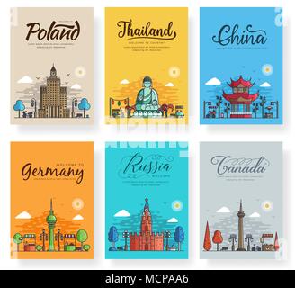 Set di delineare diverse città per le destinazioni di viaggio. Banner di punti di riferimento di una linea sottile di flyer, riviste, poster, la copertina del libro, banner. Mondo di layout architettonico illustrazioni piana pagine moderno Illustrazione Vettoriale