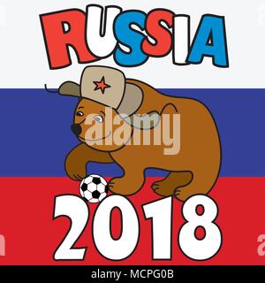 Cartoon orso con pallone da calcio indossando un cappello russo earflaps,bandiera russa sullo sfondo, vettore Illustrazione Vettoriale