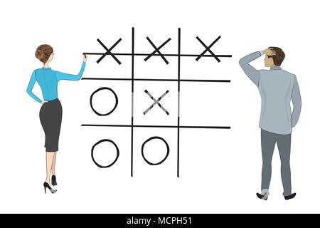 Business donna e uomo d affari gioca Tic Tac Toe gioco, isolati su sfondo bianco,, stock illustrazione vettoriale Illustrazione Vettoriale