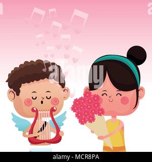 Ragazza carina con cupido cartoon Illustrazione Vettoriale